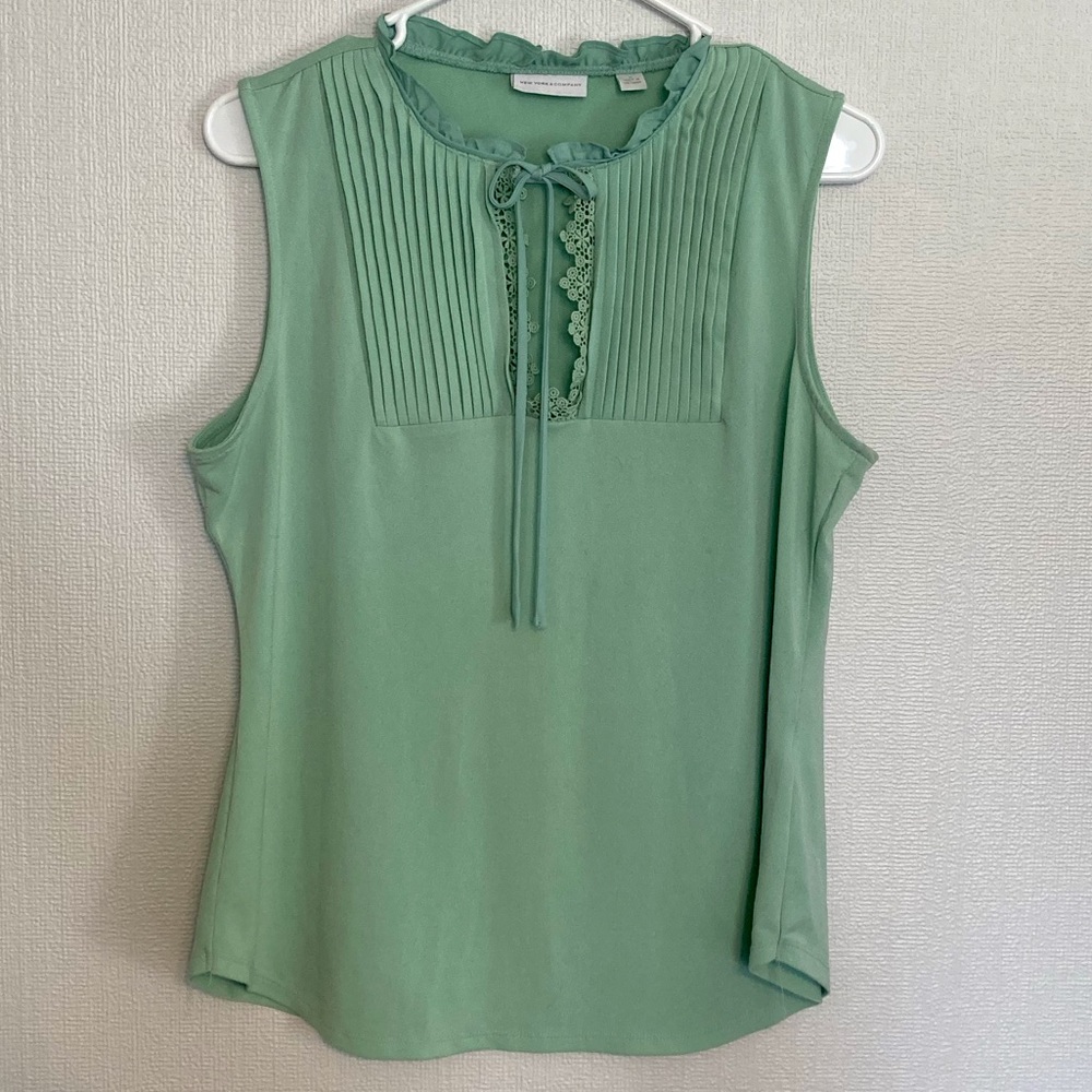 New York & Company Eye Catcher Mint Sleeveless Top Sheer and Lace Detail